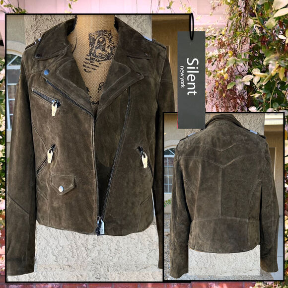 Silent New York Blank NYC Suede Bank Roll Green Silver Hardward Moto Jacket Sz M - Picture 1 of 3